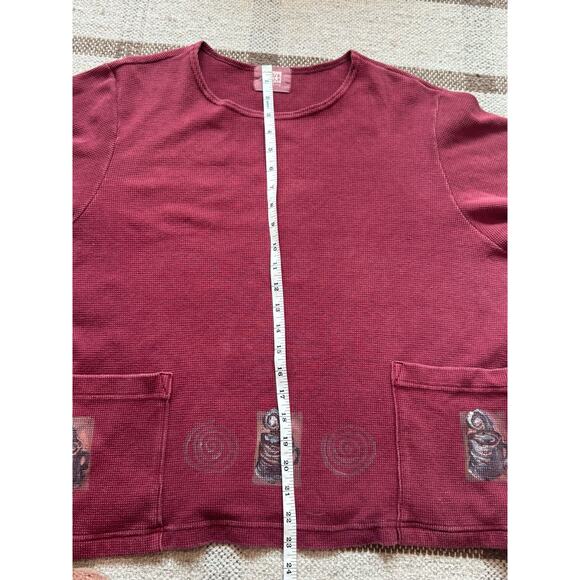 Vintage Blue Fish Women’s Thermal Coffee Red Crop Shirt 2 Large 3/4 Art To Wear - Picture 7 of 14